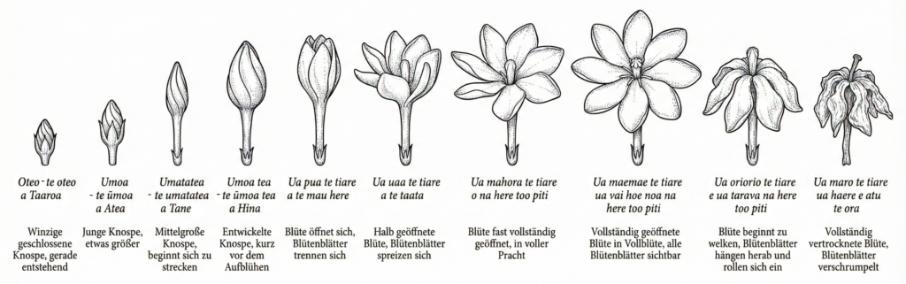 Ciclo completo de la Gardenia Tahitensis con nomenclatura tradicional polinesia.